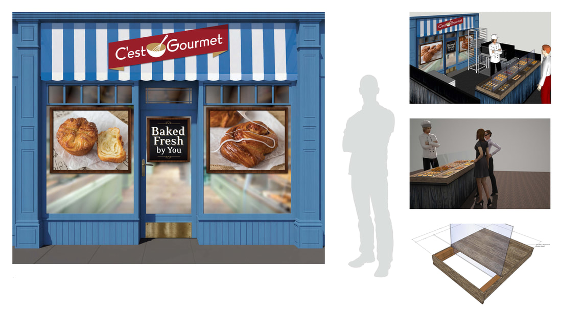 The C'est Gourmet booth's backwall sets the scene - creating a traditional french patissrie facarde. 