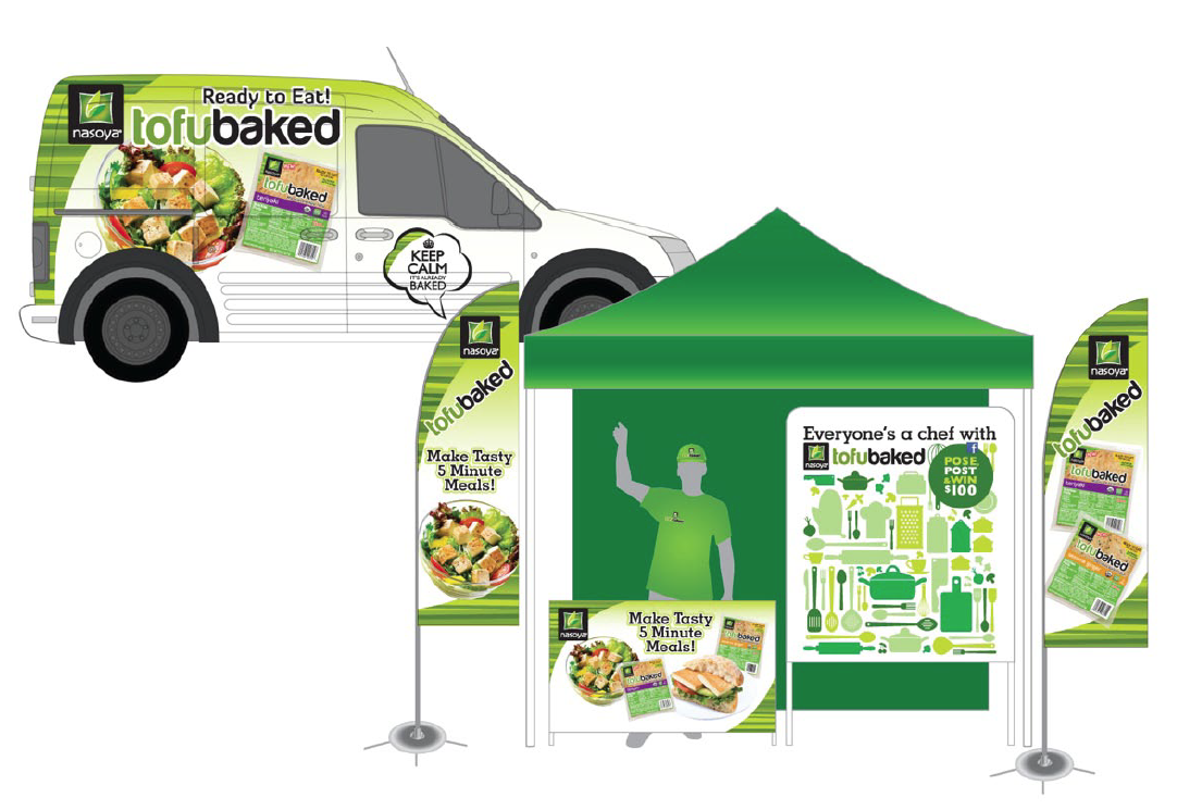 The road sampling 'kit' for Nasoya Foods TofuBaked product launch, comprising a branded van, tented booth, product sampling equipment and a photobooth for eager tasters 