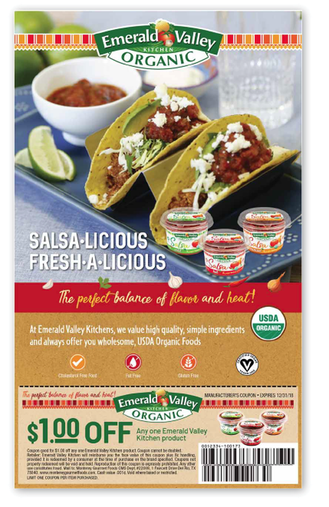 Example of Emerald Valley's Organic Salsa print marketing with coupons
