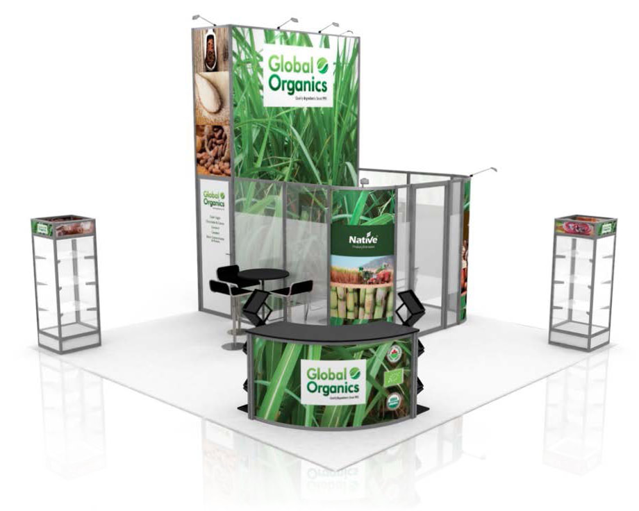 The design rendering for the IFT booth for Global Organics, an importer of fine ingredients from around the world.